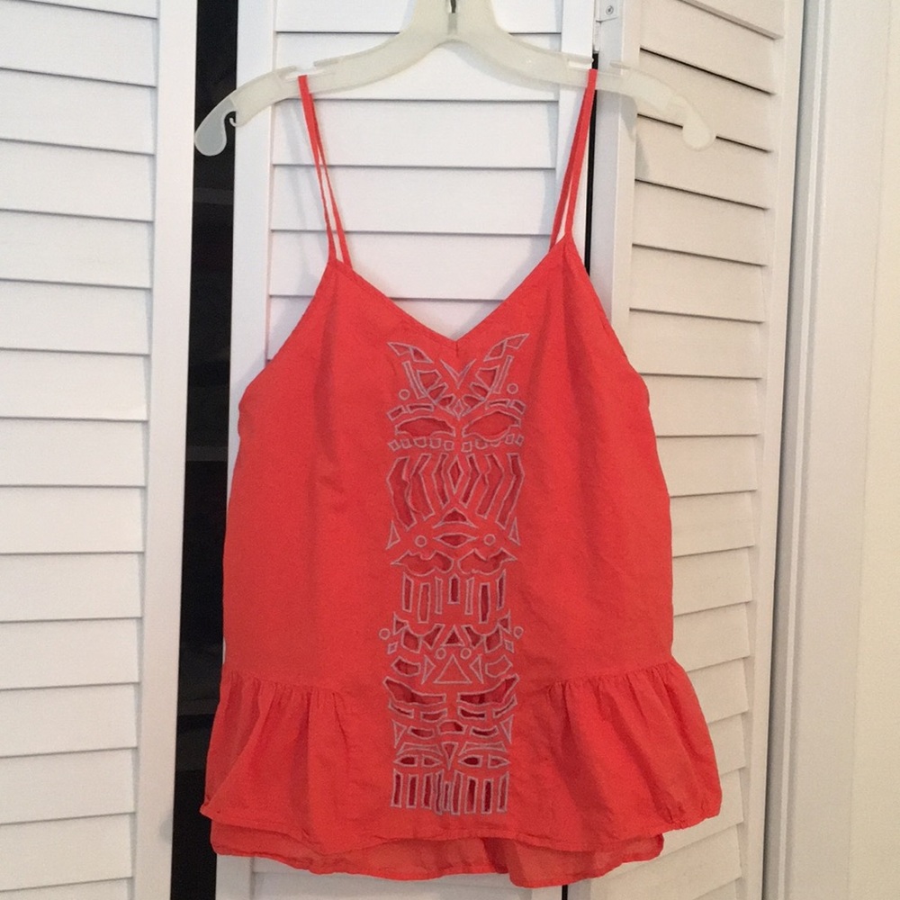 Anthropologie red orange embroidered top. Size S